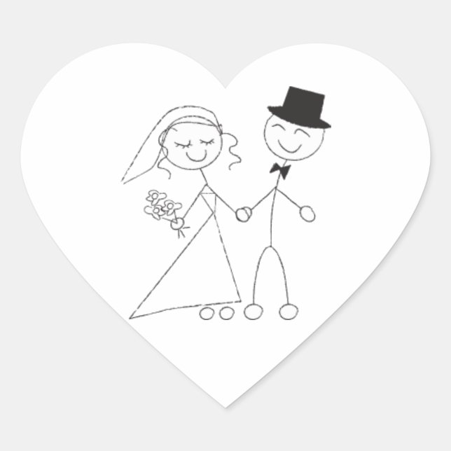 Wedding Hearts Stick Figure Bride & Groom Wedding Heart Sticker (Front)