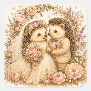 Wedding Hedgehog Couple Watercolor Art Square Sticker
