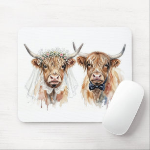 Wedding Highland Cows in Watercolor Mouse Pad