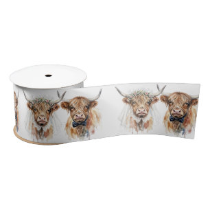 Wedding Highland Cows in Watercolor Satin Ribbon