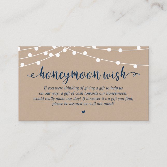 Wedding Honeymoon Fund Wish, Rustic String Lights Enclosure Card (Front)
