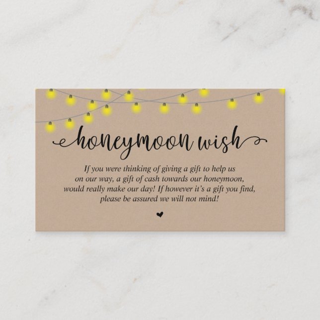 Wedding Honeymoon Fund Wish, Rustic String Lights Enclosure Card (Front)
