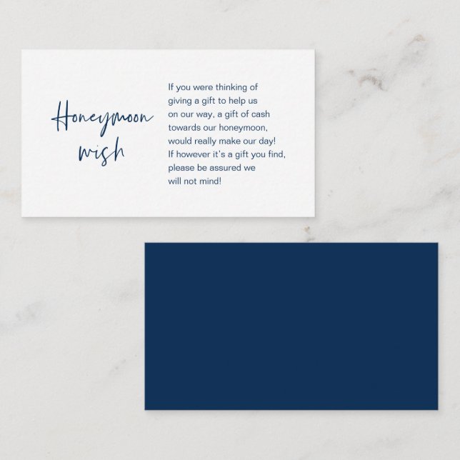  Wedding Honeymoon Wish or Fund, Navy Blue Enclosure Card (Front/Back)