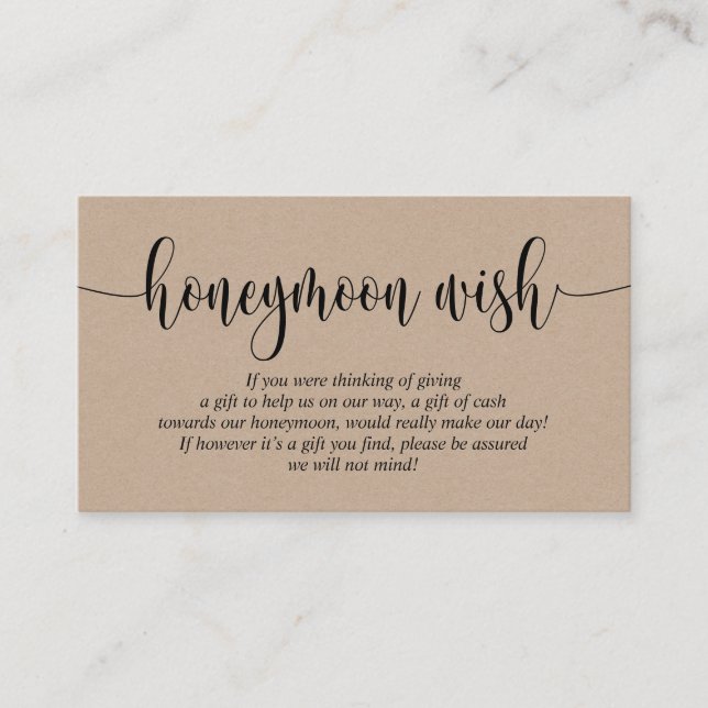 Wedding Honeymoon Wish or Fund, Rustic Kraft Enclosure Card (Front)