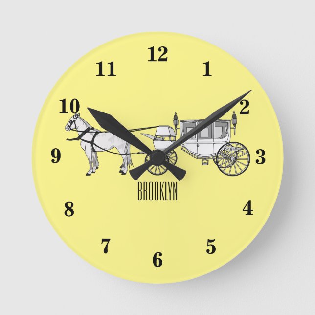 Wedding horse & carriage cartoon illustration round clock (Front)
