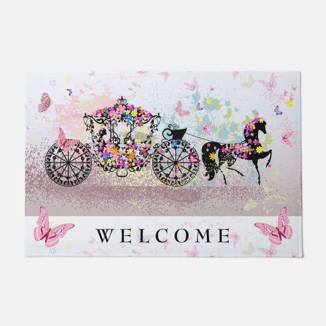 Wedding Horses & Carriage Flowers & Butterflies Doormat (Front)