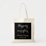 Wedding Hotel Out of Town Guest Welcome Bags<br><div class="desc">This wedding hotel out of town guest welcome tote bag features the words "Happily ever after" in white on a black background in a gorgeous wedding typography. Below the words, your names are monogrammed in the same lovely typography along with your wedding date. This gift bag is a fabulous way...</div>