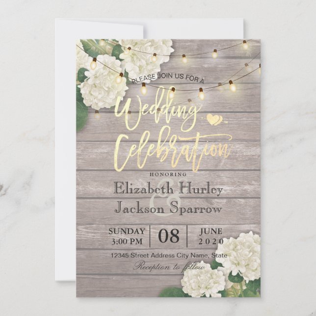 Wedding Hydrangea Flower String Lights Rustic Wood Invitation (Front)