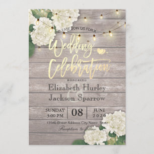 Wedding Hydrangea Flower String Lights Rustic Wood Invitation