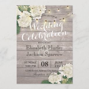 Wedding Hydrangea Flower String Lights Rustic Wood Invitation