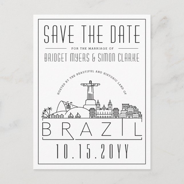 Wedding in Brazil | Stylized Skyline Save the Date Postcard (Front)