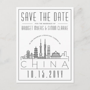 Wedding in China   Stylized Skyline Save the Date Postcard