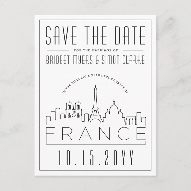Wedding in France | Skyline Save the Date Postcard (Front)