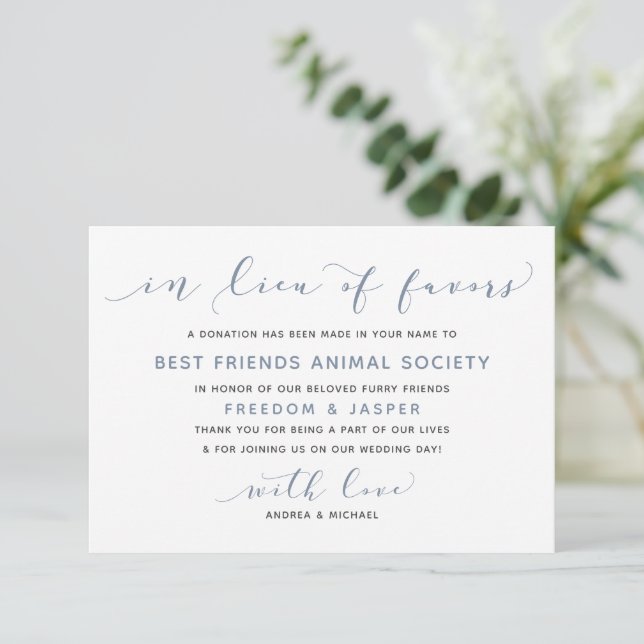 Wedding In Lieu of Favours Dusty Blue Watercolor Thank You Card (Standing Front)