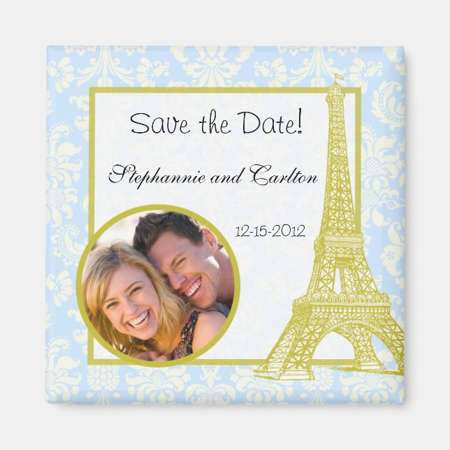 Wedding in Paris Blue Damask Announcement Magnet (Front)