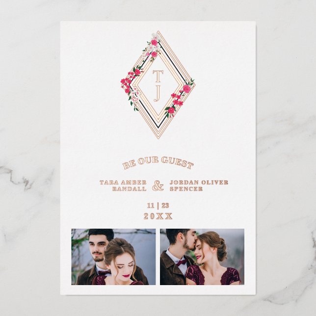 Wedding Initials 2 Photos Diamond Rose Gold Floral (Front)