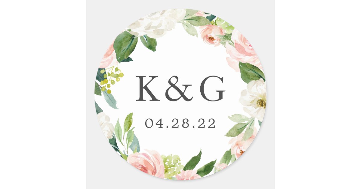 Wedding Initials Blush Pink Floral Wreath Classic Round ...