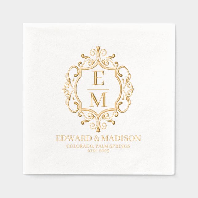 Wedding Initials & Floral Crest  Foil Napk Napkins (Front)