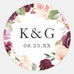 Wedding Initials Plum Purple Blush Floral Wreath Classic Round Sticker