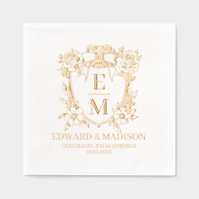 Wedding Initials & Vintage Floral Crest  Foil Napkins (Front)