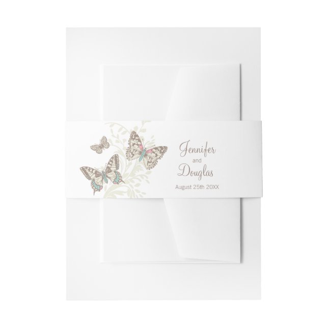 Wedding inked art butterflies brown cream invitation belly band (Front Example)