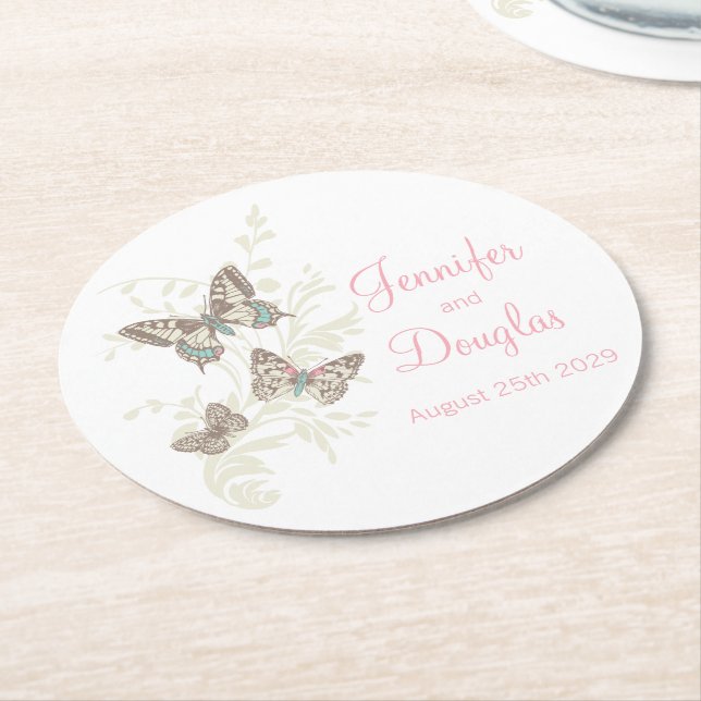 Wedding inked art butterflies pink paper coasters (Angled)