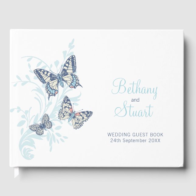 Wedding inked art butterflies sky blue guest book (Front)