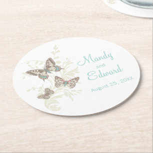 Wedding inked art butterflies teal paper coasters