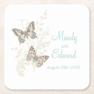 Wedding inked art butterflies teal paper coasters