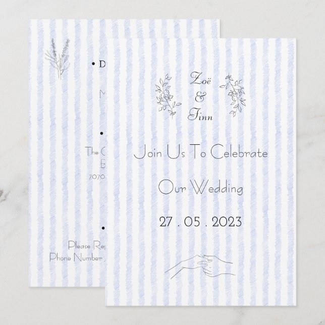 Wedding Invitation (12.7 x 17.8 cm) - Blue Stripes (Front/Back)