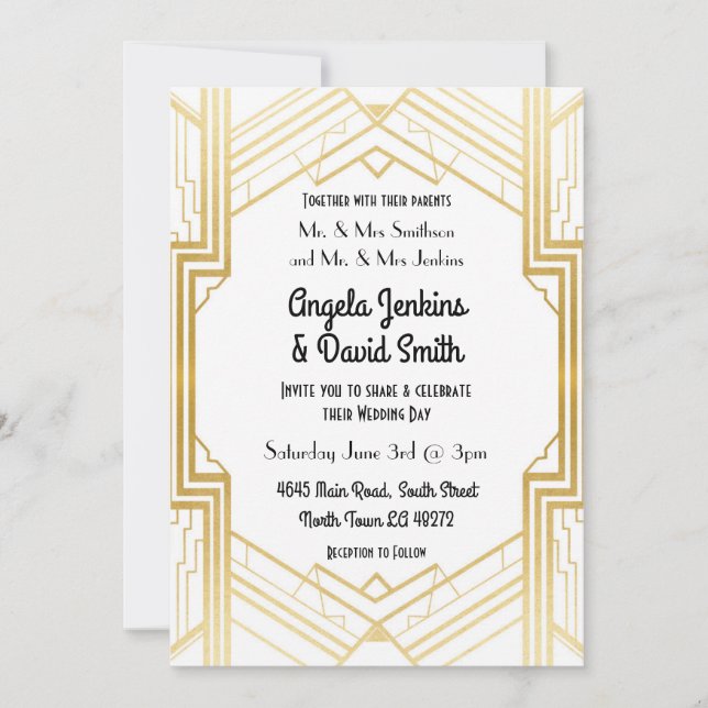 Wedding Invitation 1920's White & Gold Art Deco (Front)