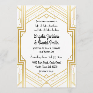 Wedding Invitation 1920's White & Gold Art Deco