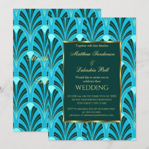 Wedding Invitation Art Deco Dark Green Blue Teal