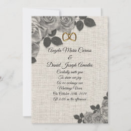 Wedding Invitation black and white roses on linen