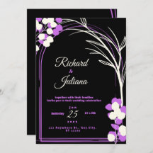 wedding invitation black background purple flowers
