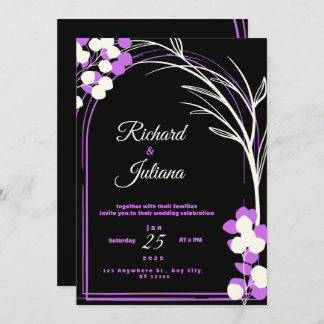 wedding invitation black background purple flowers