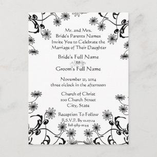 Wedding Invitation Black On White Wild Flowers Postcard