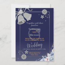 Wedding invitation: blue and silver bell, rsvp, QR