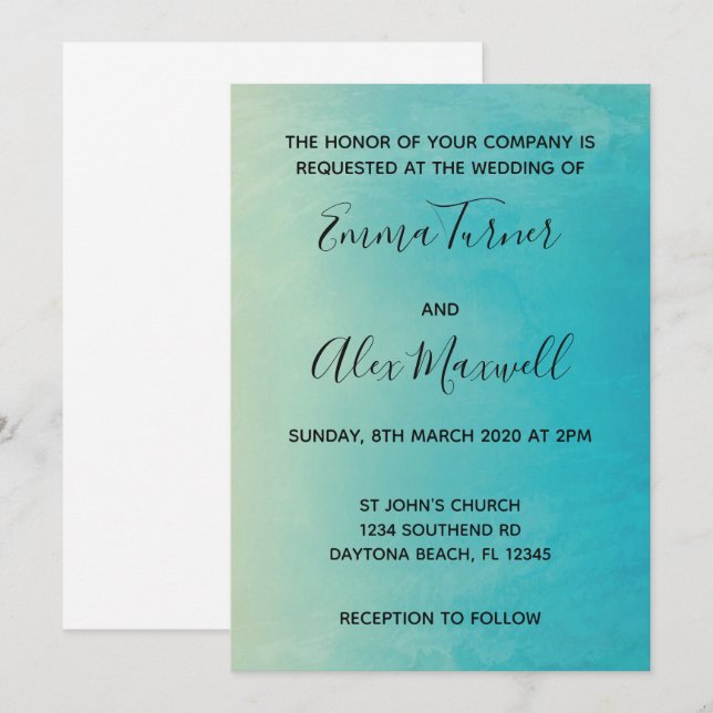 Wedding Invitation | Blue Watercolour Script (Front/Back)