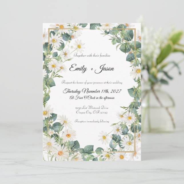 Wedding Invitation Botanical Eucalyptus Daisy  (Standing Front)