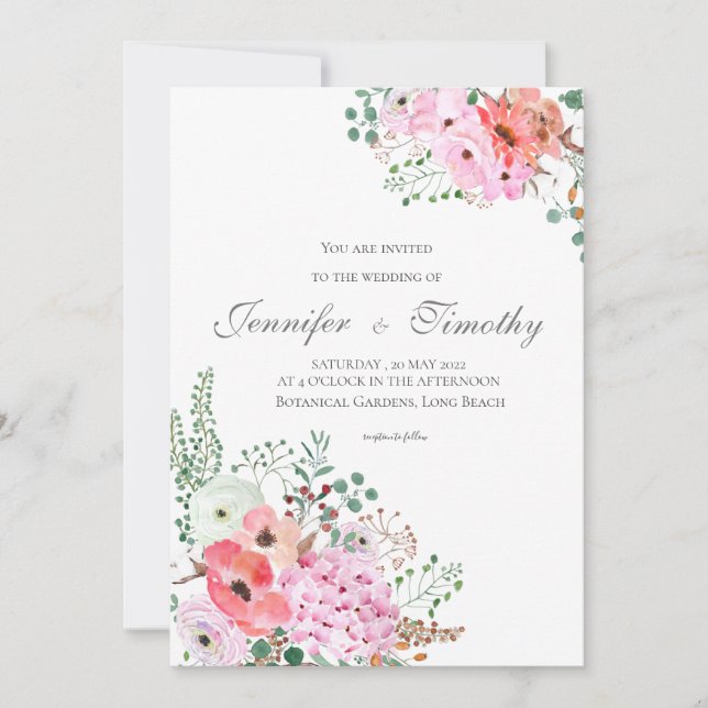 Wedding Invitation Botanical pink flowers (Front)