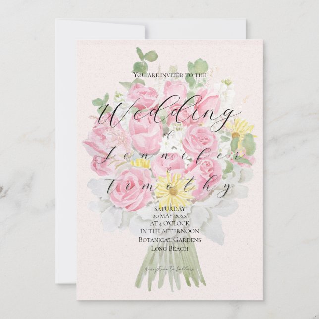Wedding Invitation Botanical pink rose bouquet (Front)