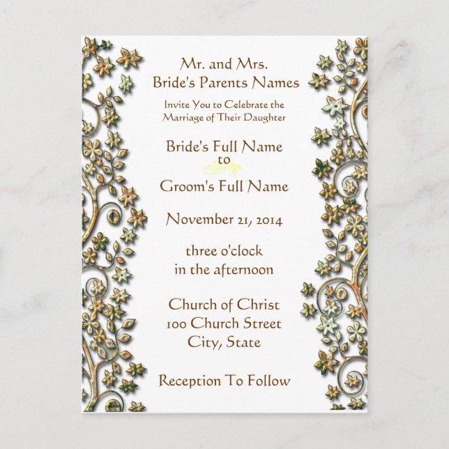 Wedding Invitation-Brown Swirls and Flowers Invitation Postcard (Front)