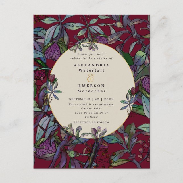 Wedding invitation burgundy floral leaf gold frame postcard (Front)