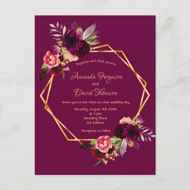 Wedding invitation burgundy florals geometric postcard (Front)