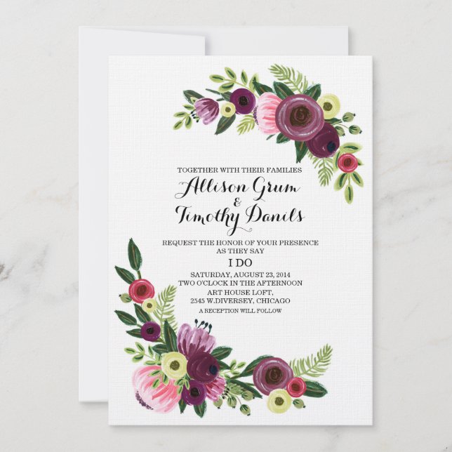 Wedding Invitation Burgundy Handpainted Floral (Front)