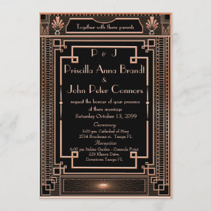 Wedding invitation card,Art Deco, black, pink gold