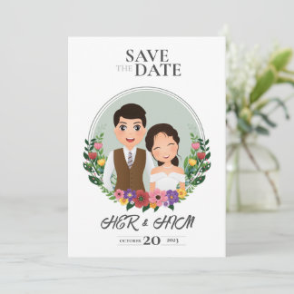 Wedding invitation card bride and groom cartoon