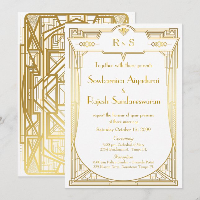 Wedding invitation card,Great Gatsby,gold white 2 (Front/Back)