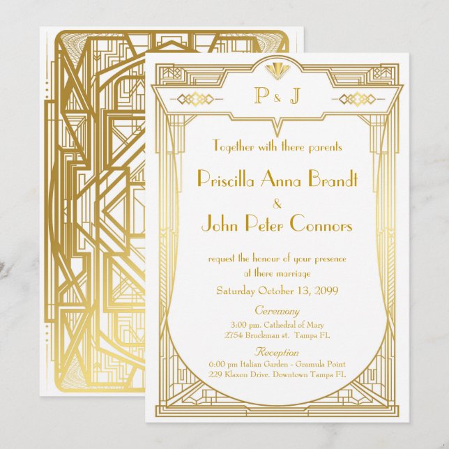 Wedding invitation card,Great Gatsby,gold white 2 (Front/Back)